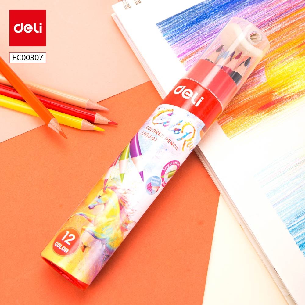 EC00307-0 ديلي أقلام تلوين خشبي طويل - كالاران علبة اسطوانية مع غطاء بمبراة - 12 لون EC00307